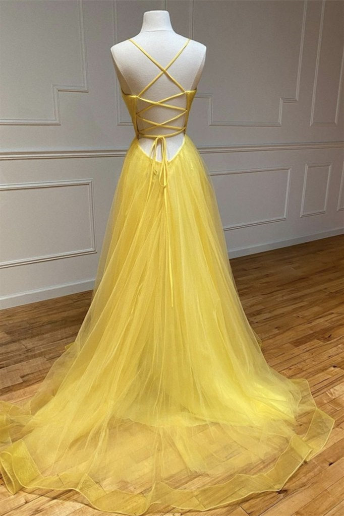 Amazing Yellow Spaghetti-Straps Prom Dress with String Back