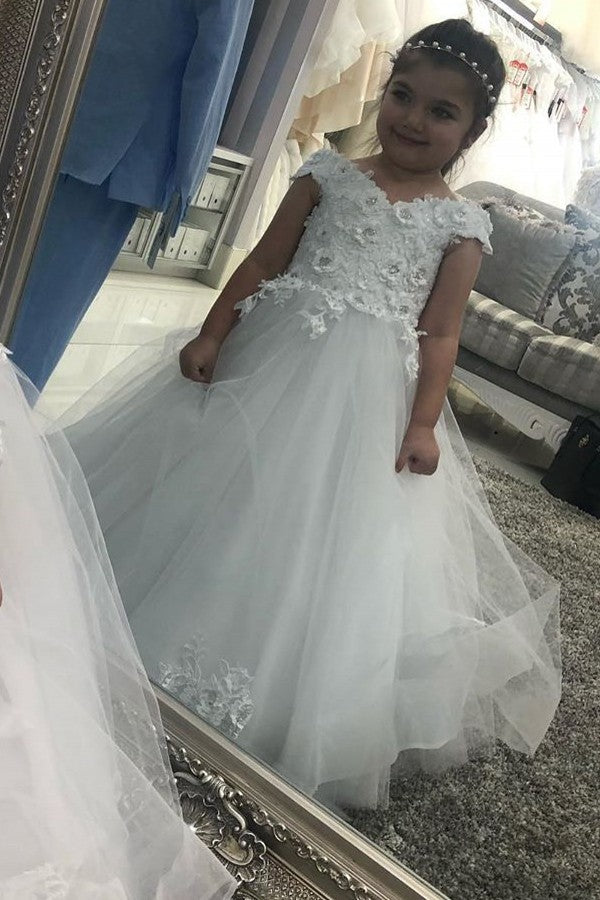 A-line Off the Shoulder Flower Girl Dress with Cap Sleeves Tulle Lace and Pearls Appliques