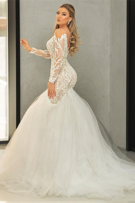 Long Sleeves V Neck Lace Tulle Mermaid Wedding Dress