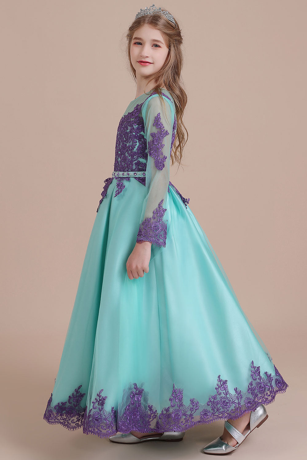 Chic Long Sleeve Jewel A-line Flower Girl Dress with Tulle Appliques