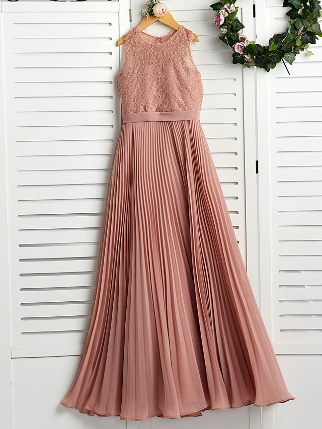 A-Line Crew Neck Flower Girl Maxi Dress with Chiffon Lace and Lace Pleats