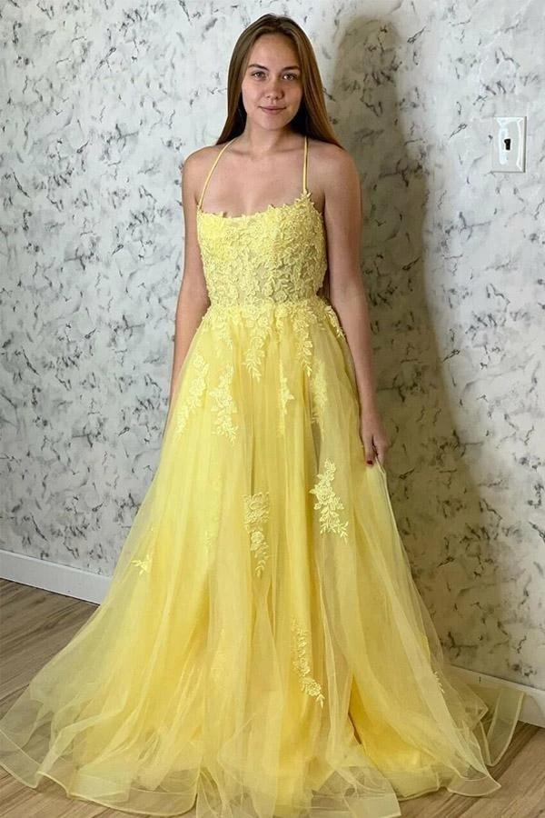 Amazing Yellow Lace Appliques Evening Dresses