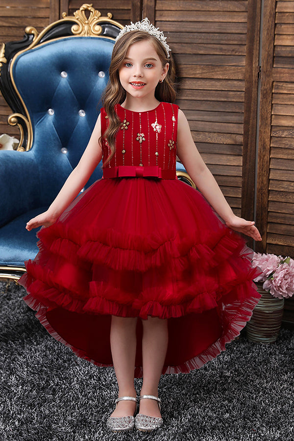 Red Tulle Belt Ruffles Flower Girl Dress with Appliques