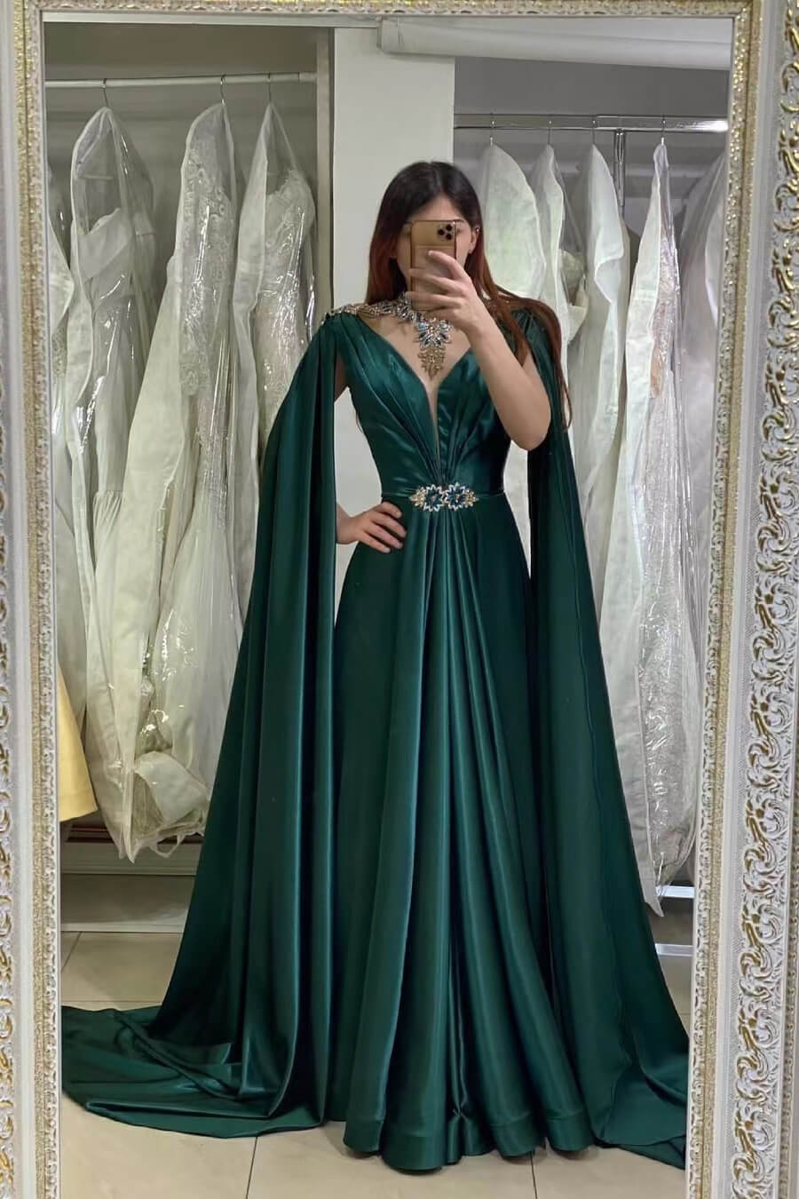 Dark Green A-Line V-Neck Long Prom Dress With Embellished Ruffles