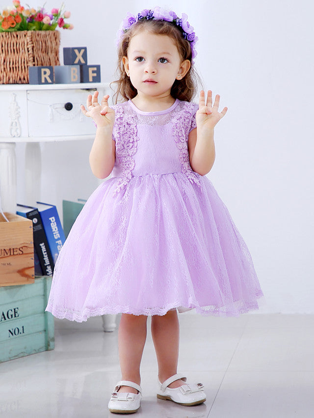 Lace Satin Tulle Flower Girl Dress with Bow Appliques | Short Sleeve Jewel Neck Ball Gown