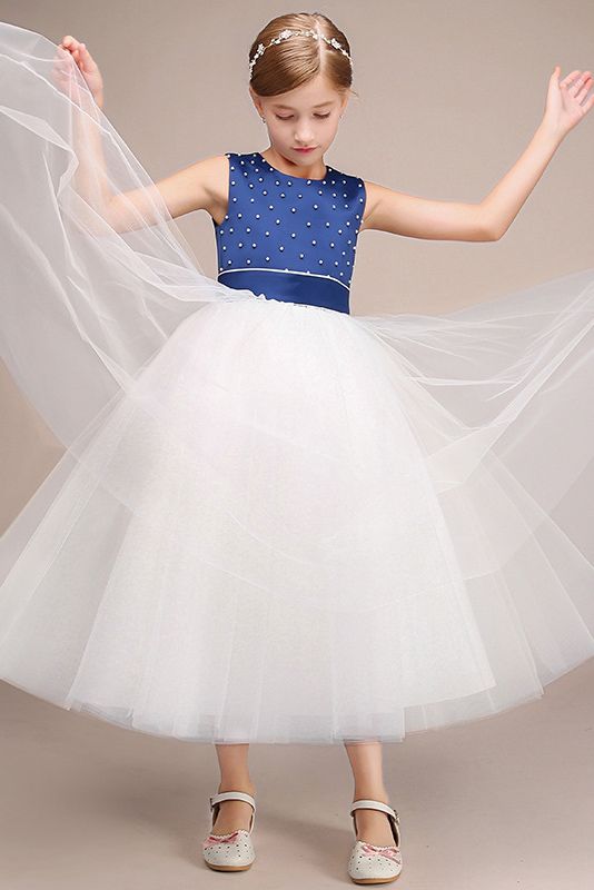 Jewel Sleeveless Tulle Flower Girl Dress with Beads Bowknot