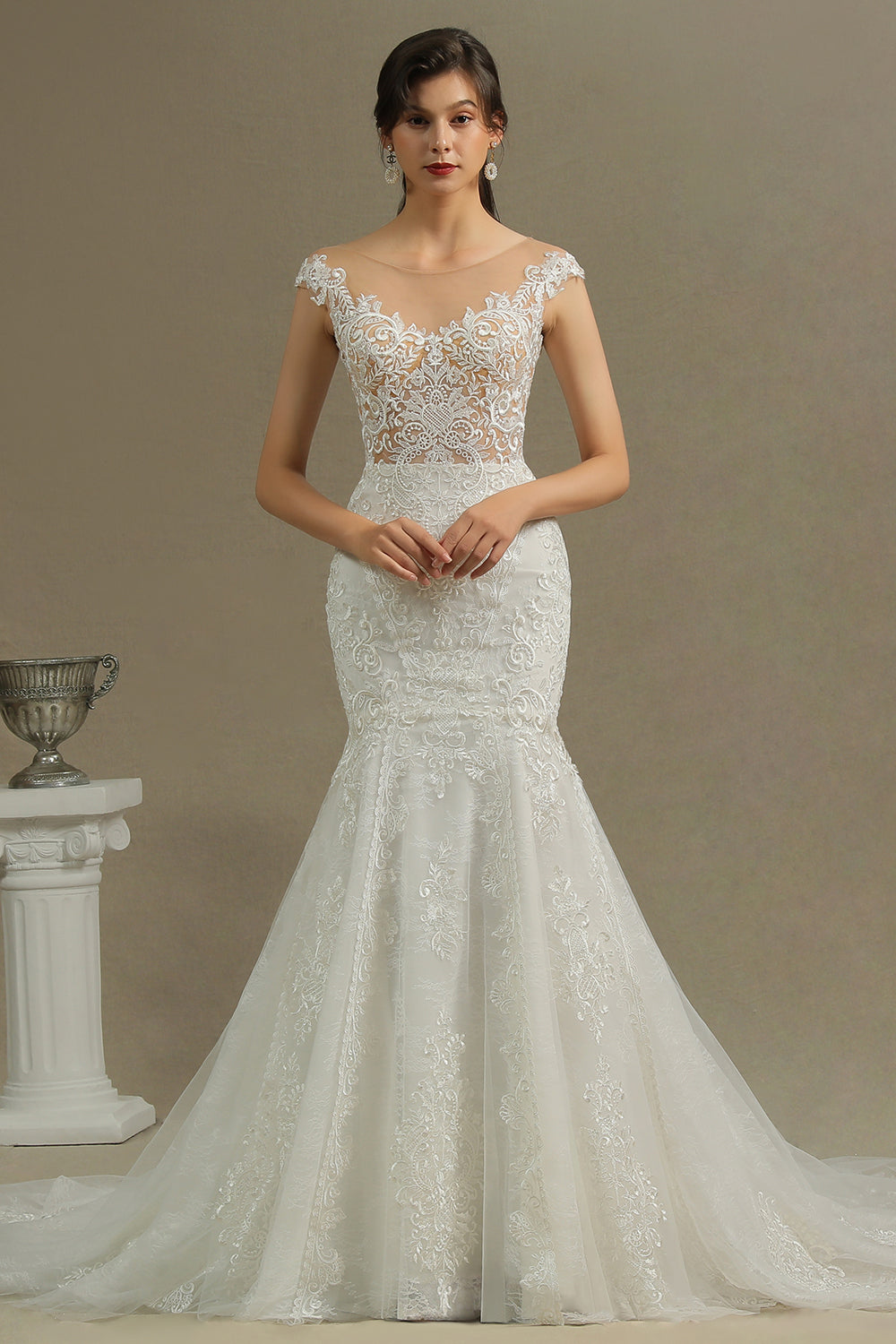 Mermaid Cap Sleeve Sheer Wedding Dress with Tulle Appliques