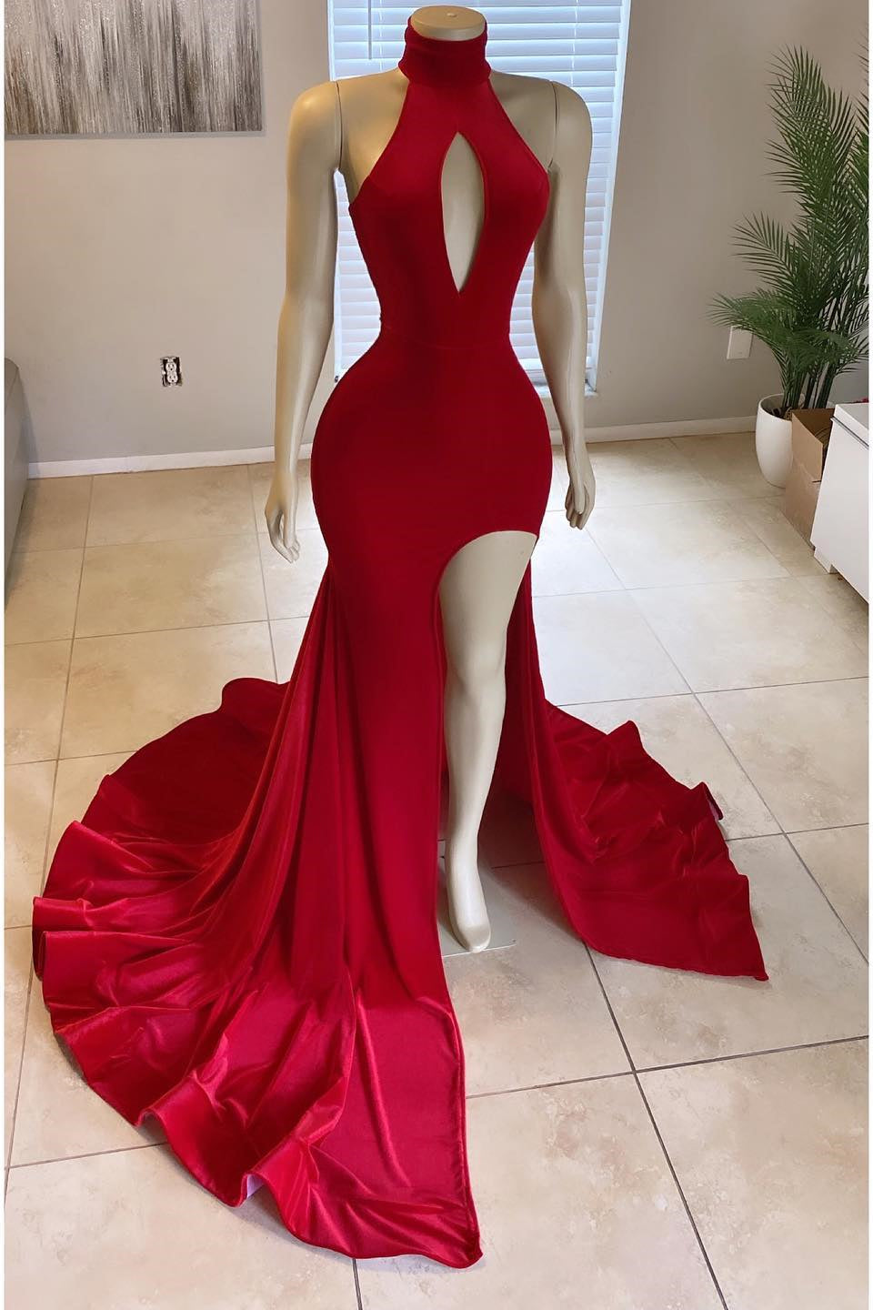 Glorious Red Front Split Mermaid High-Neck Prom Dress Online