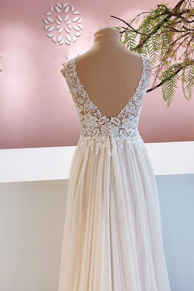 Wide Straps A-Line Floor-Length Wedding Dress with Floral Lace Tulle Ruffles & Backless Design