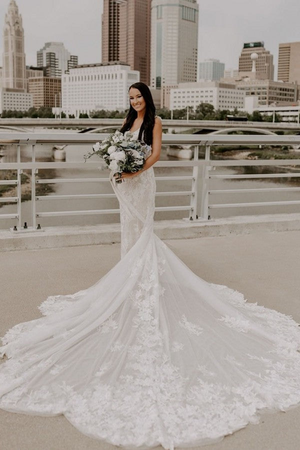 Elegant V-Neck Long Mermaid Wedding Dress With Lace