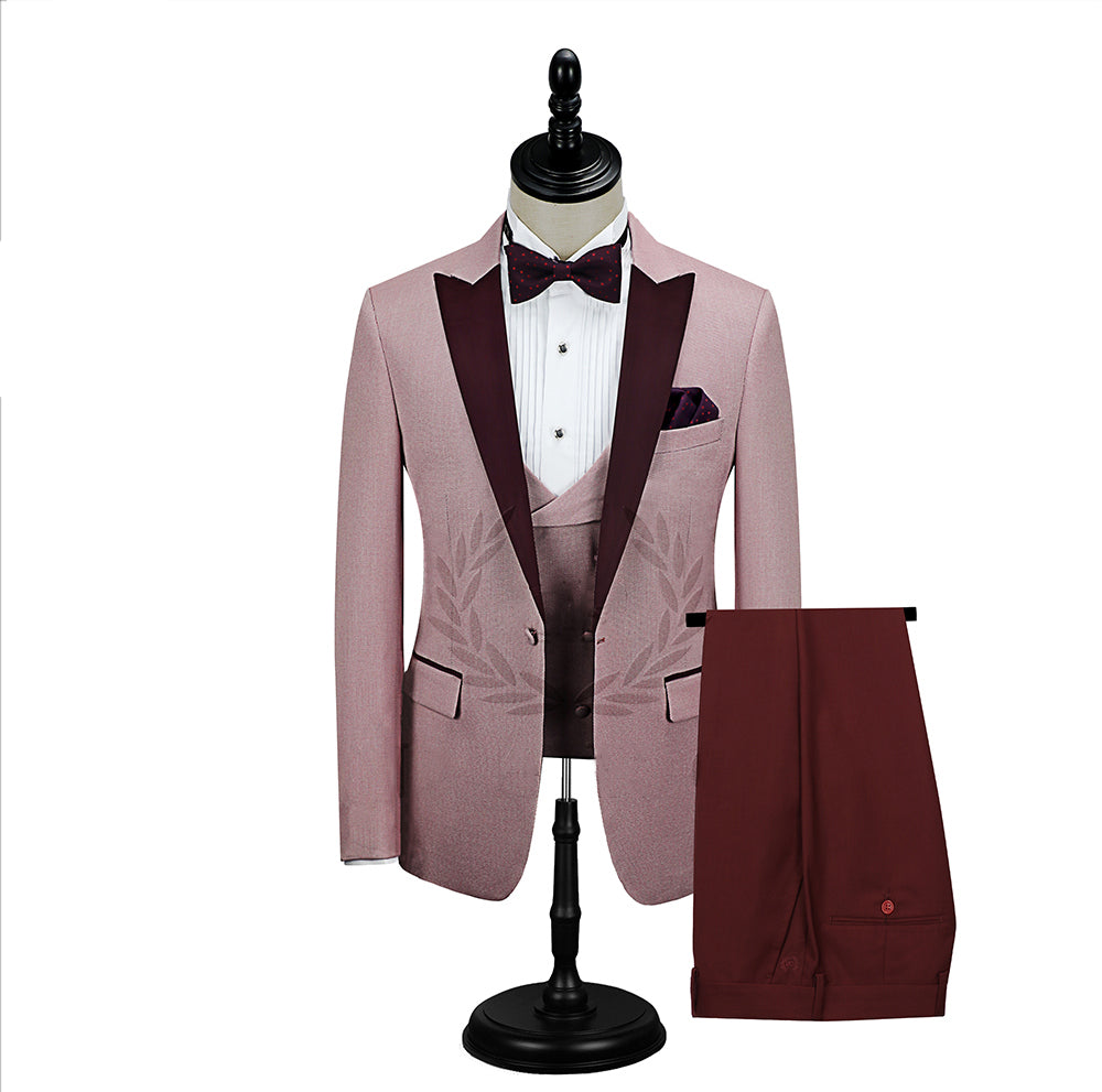 Glamorous Pink One Button Wedding Suit For Men With Burgundy Peak Lapel