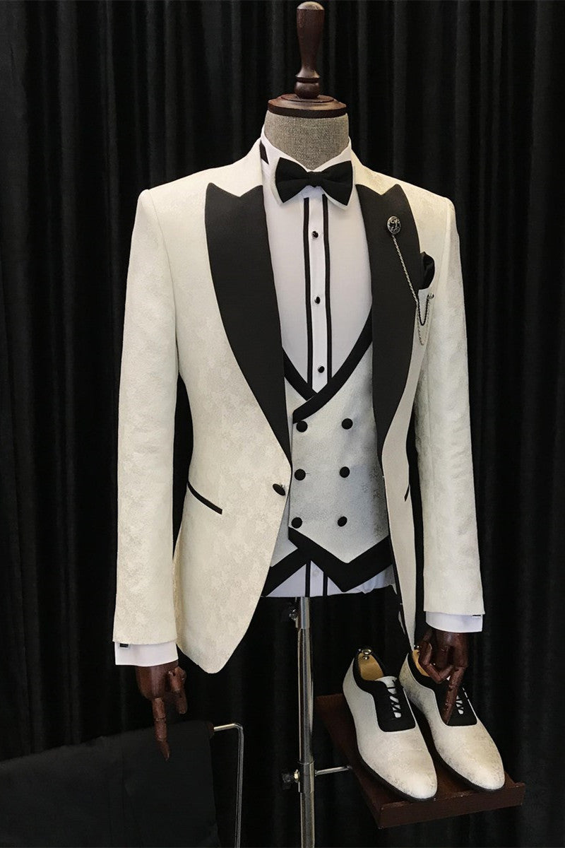 Hot Sale White Jacquard Wedding Suits with Black Peaked Lapel - Alvin 3 Piece Set