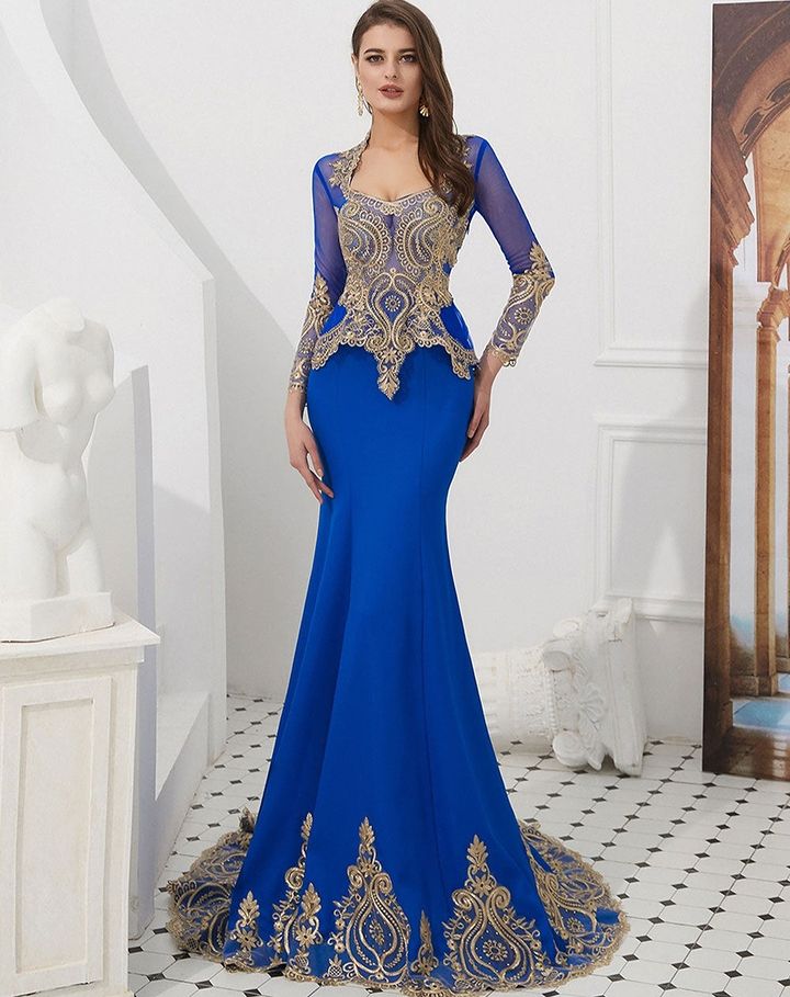 Stunning Long Sleeves Mermaid Prom Dress with Gold Appliques Cape