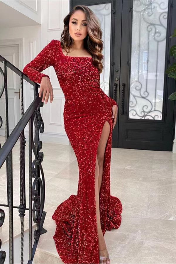 Red Mermaid Long Sleeves Prom Dress with Square Sequins and Split