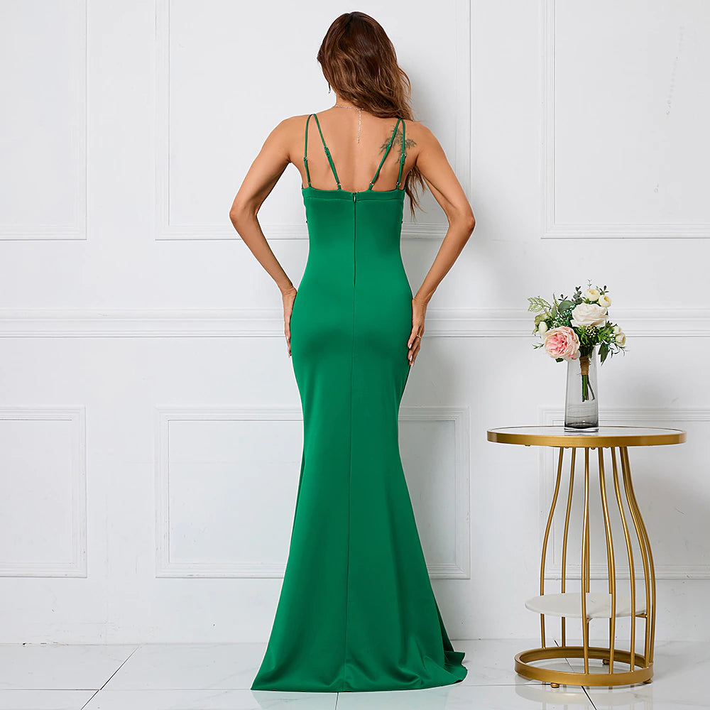 Emerald Green Mermaid Spaghetti-Straps Prom Dress V-Neck With Sequins