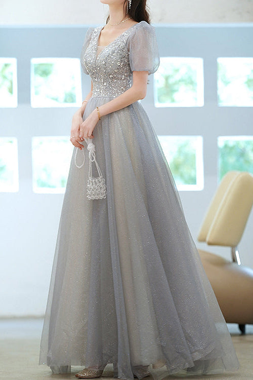 Elegant Grey V-Neck Long Evening Dress With Short Sleeves Sequins