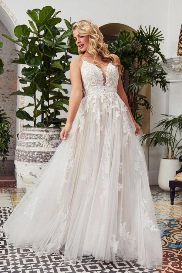 Romantic Long A-line V-neck Tulle Wedding Dress With Lace Open Back