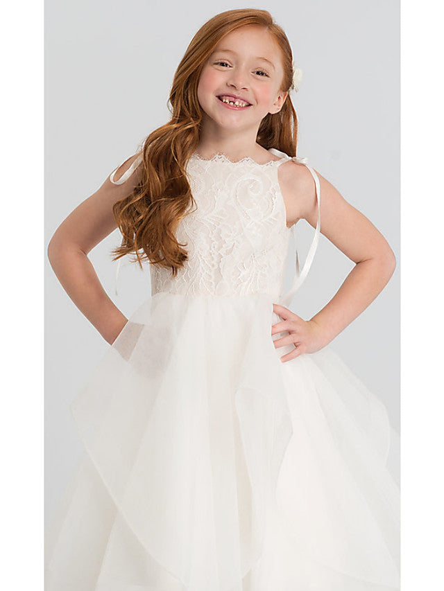 A-Line Sleeveless Scalloped Neckline Flower Girl Dresses with Lace Satin Tulle and Tier Solid