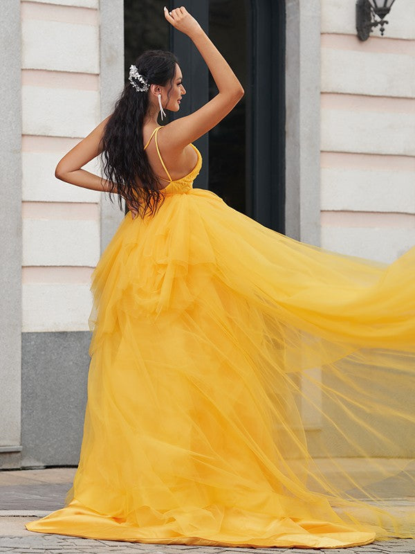 Tulle Prom Dress with Spaghetti-Straps and High-Lo Hem