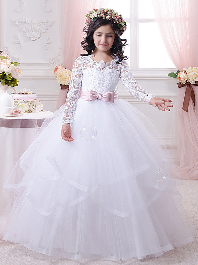 Lace Tulle Ball Gown Flower Girl Dress with Lace Appliques & Buttons