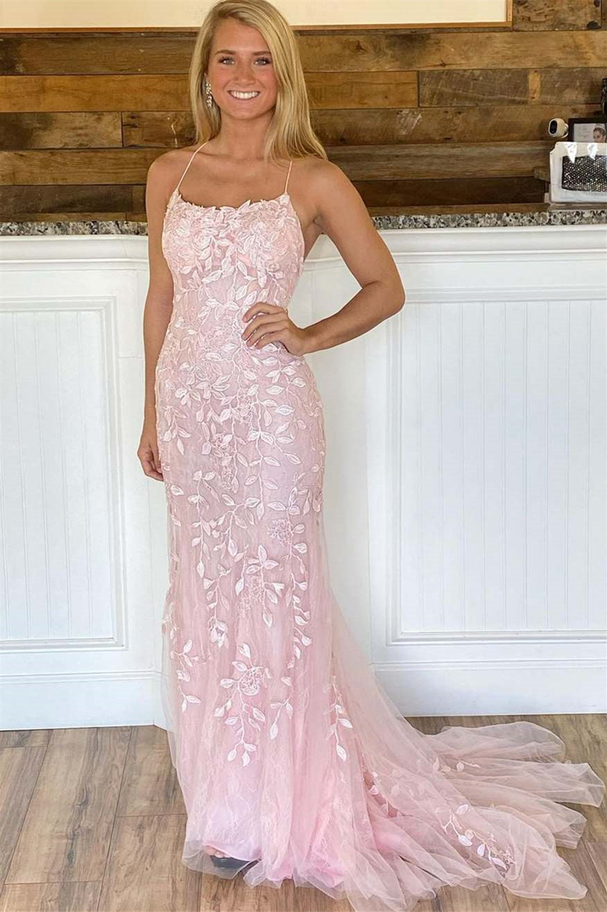 Tulle Mermaid Prom Dress with Appliques and Open Back Spaghetti-Straps