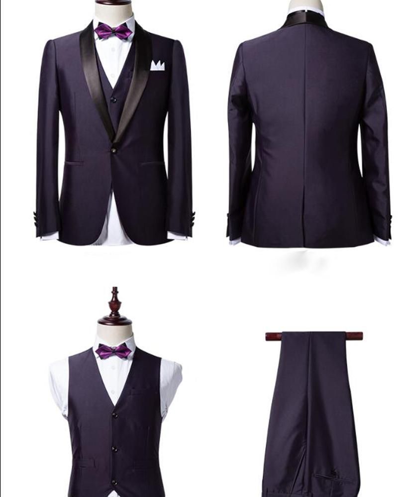 3 Piece Dark Purple Shawl Lapel Black Wedding Tuxedo