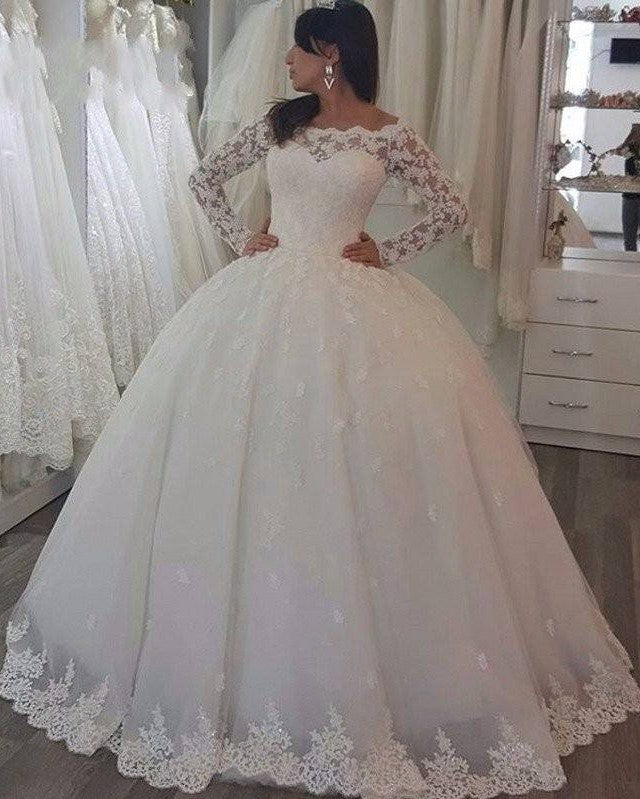 Elegant Off-the-Shoulder Long Sleeves Wedding Dress with Appliques Lace