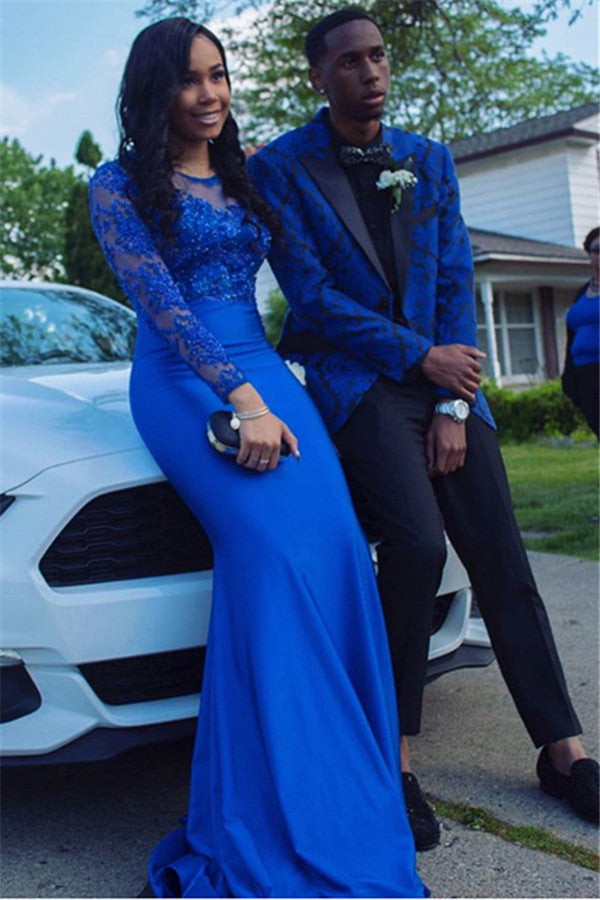 New Arrive Black Lapel Homecoming Prom Suits With Royal Blue Jacquard