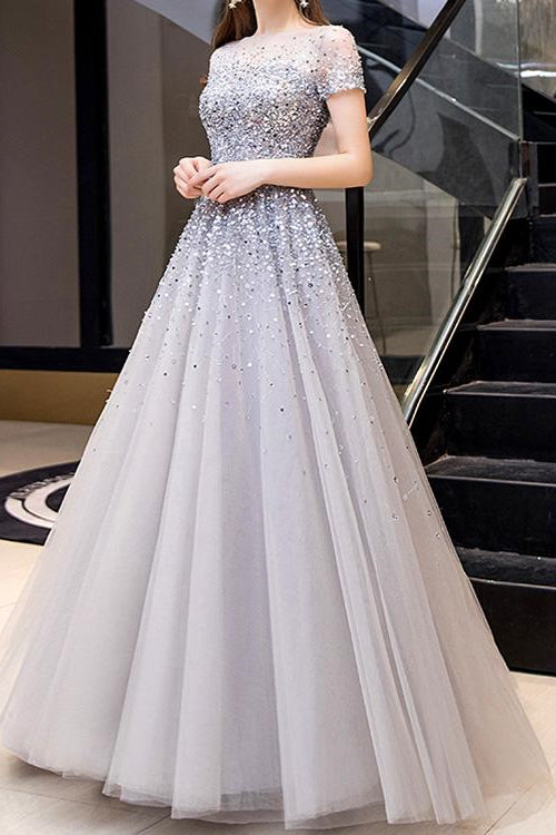 Gorgeous Long Prom Dress With Short Sleeves Sequins - Online