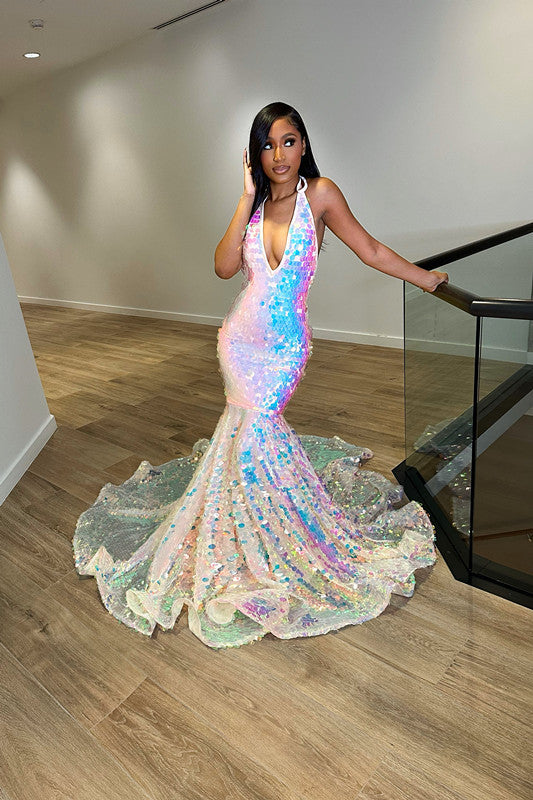 Halter Neck Sequins Mermaid Princess Prom Dress with Laser Light Trumpet Sleeves