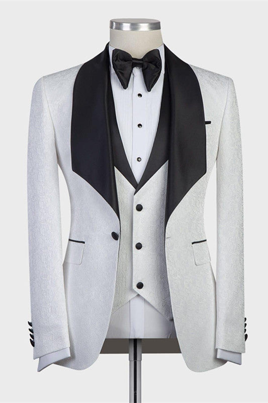 Paxton White Jacaquard Wedding Suits with Black Shawl Lapel