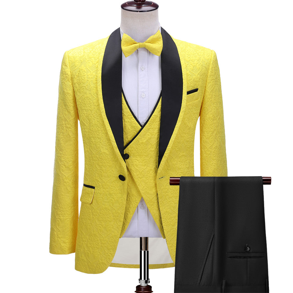 Chic Yellow One Button Three-Piece Wedding Suit For Men with Black Shawl Lapel