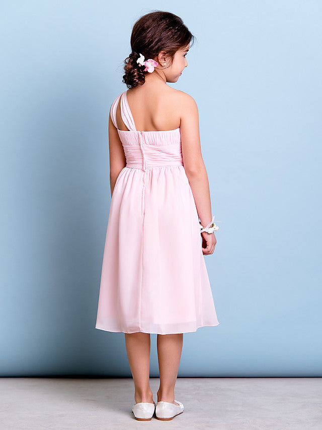 A-Line One Shoulder Knee Length Chiffon Junior Bridesmaid Dress with Ruched Draping Side Draping & Natural Look