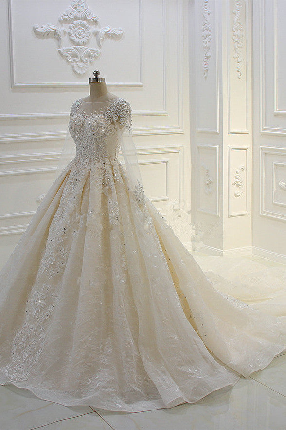 Bateau Long Sleeves Lace Appliques Ball Gown Wedding Dress