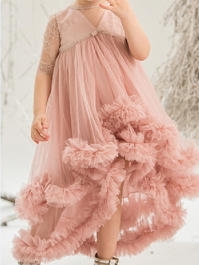 Lace 3/4 Length Sleeve Jewel Neck Ball Gown Flower Girl Dress