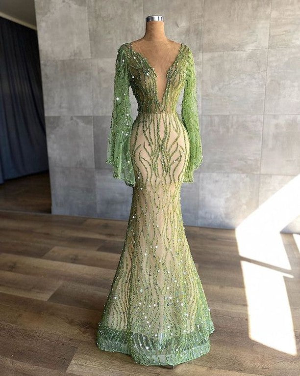 Charming Green Mermaid Beaded Prom Dress with Long Sleeves and Sequins