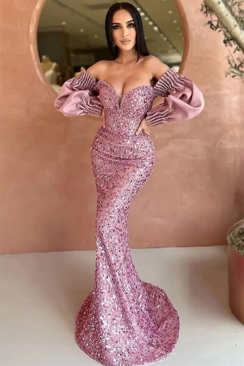 Sweetheart Long Sleeved Evening Dress With Sequins Mermaid Off-The-Shoulder