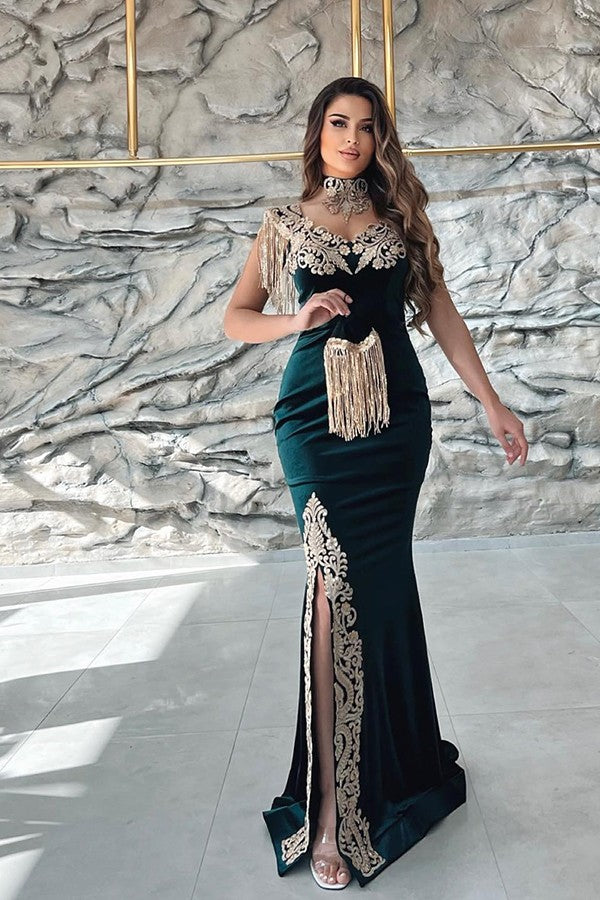 Sleeveless V-Neck Applique Split Mermaid Evening Dress in Dark Green with Detachable Skirt