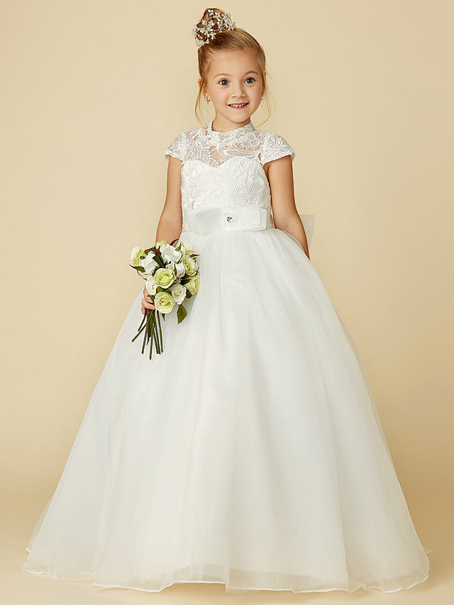 Lace Tulle Ball Gown with Short Sleeve High Neck & Sash Ribbon Bow for Flower Girl Dress