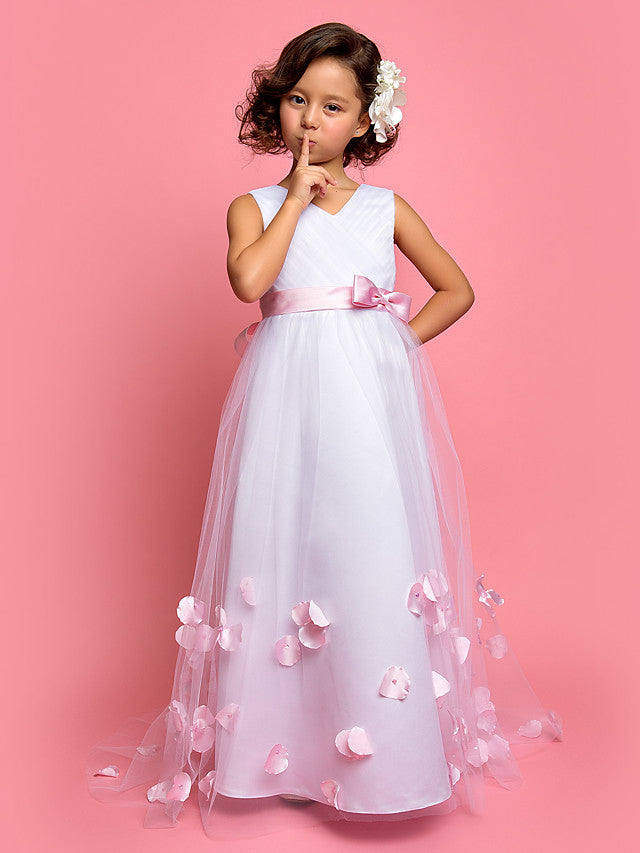 A-Line Satin/Tulle Dress with Bow(s) and Sweep/Brush Train Sleeves