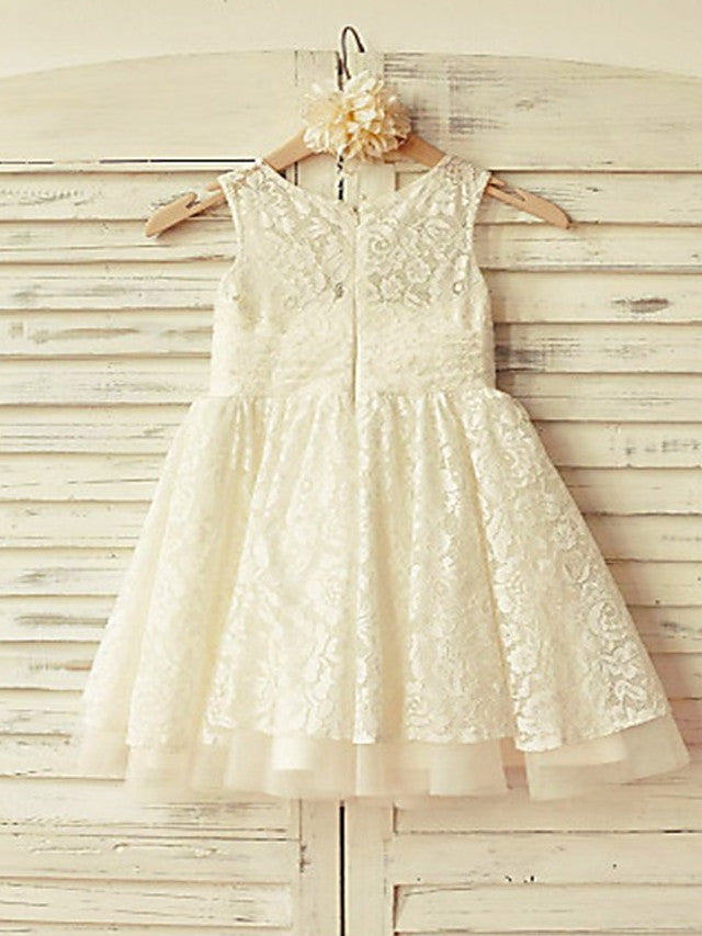 A-Line Short Sleeve Crew Neck Flower Girl Dress with Lace Tulle and Pleats