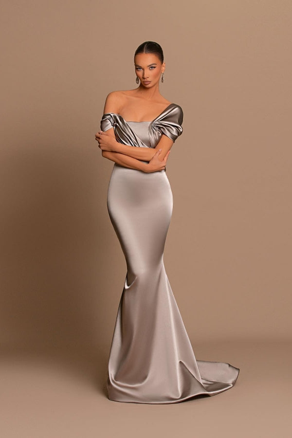 Glamorous Gray Off-The-Shoulder Mermaid Prom Dress with Split