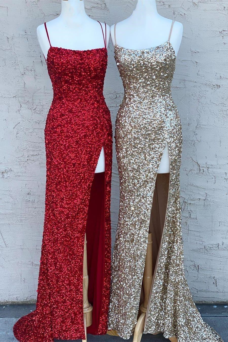 Stunning Sparkle Sequins Mermaid Evening Dress Split With Spaghetti-Straps