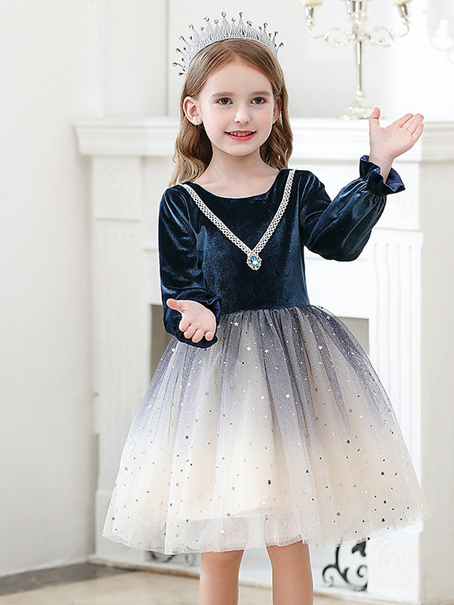 Long Sleeve Jewel Ball Gown Knee Length Flower Girl Dress with Crystals and Tulle Velvet