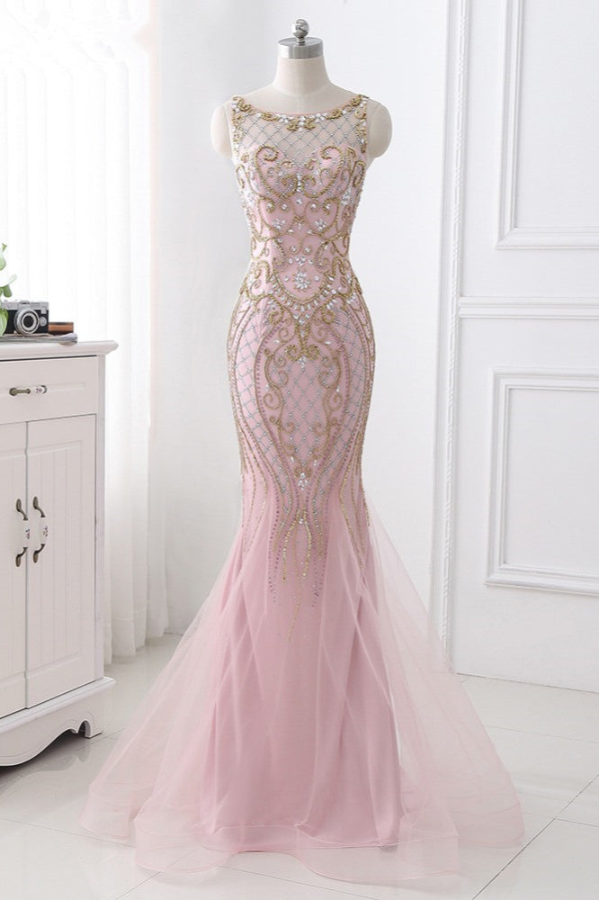 Pink Jewel Sleeveless Prom Dress Mermaid with Beadings and Rhinestone