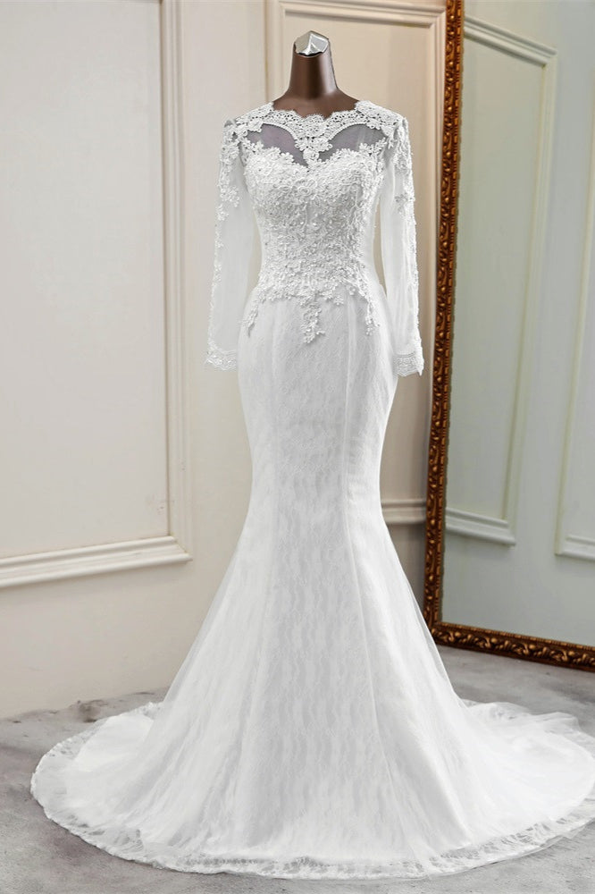 Elegant Long Sleeves Mermaid Wedding Dress with Jewel Accents and Tulle