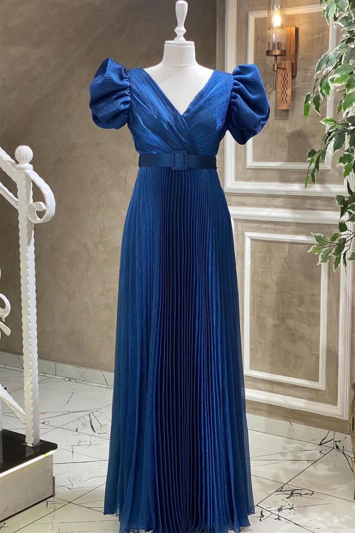 Royal Blue Evening Dress With Short Sleeves and Belt - V-Neck Online