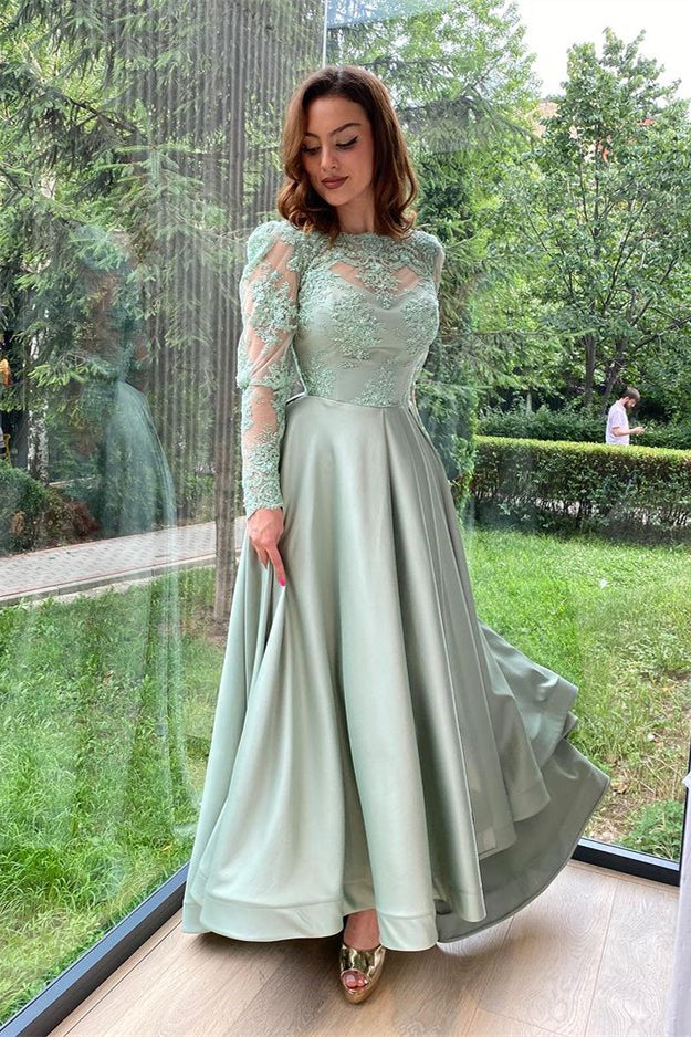 Dusty Sage Evening Dress With Long Split Sleeves and Lace Accents