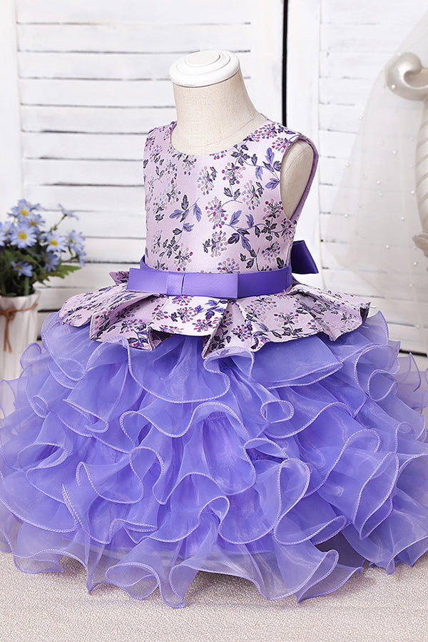 Purple Jewel Sleeveless Floor Length Flower Girl Dress with Ruffles Print