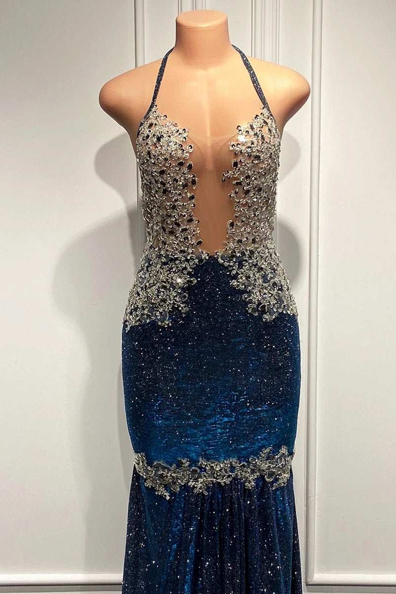 Mermaid Long Prom Dress with Blue Sequins and Spaghetti-Straps